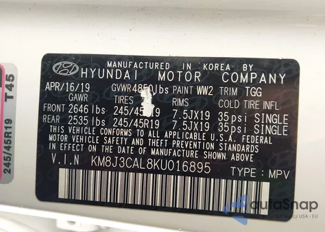 2019 Hyundai Tucson Sport из США, поврежденный, VIN KM8J3CAL8KU016895